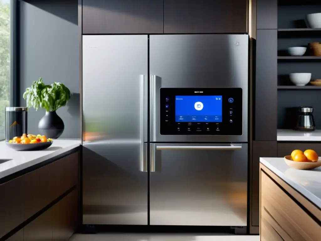 Una cocina moderna con electrodomésticos conectados y diseño futurista