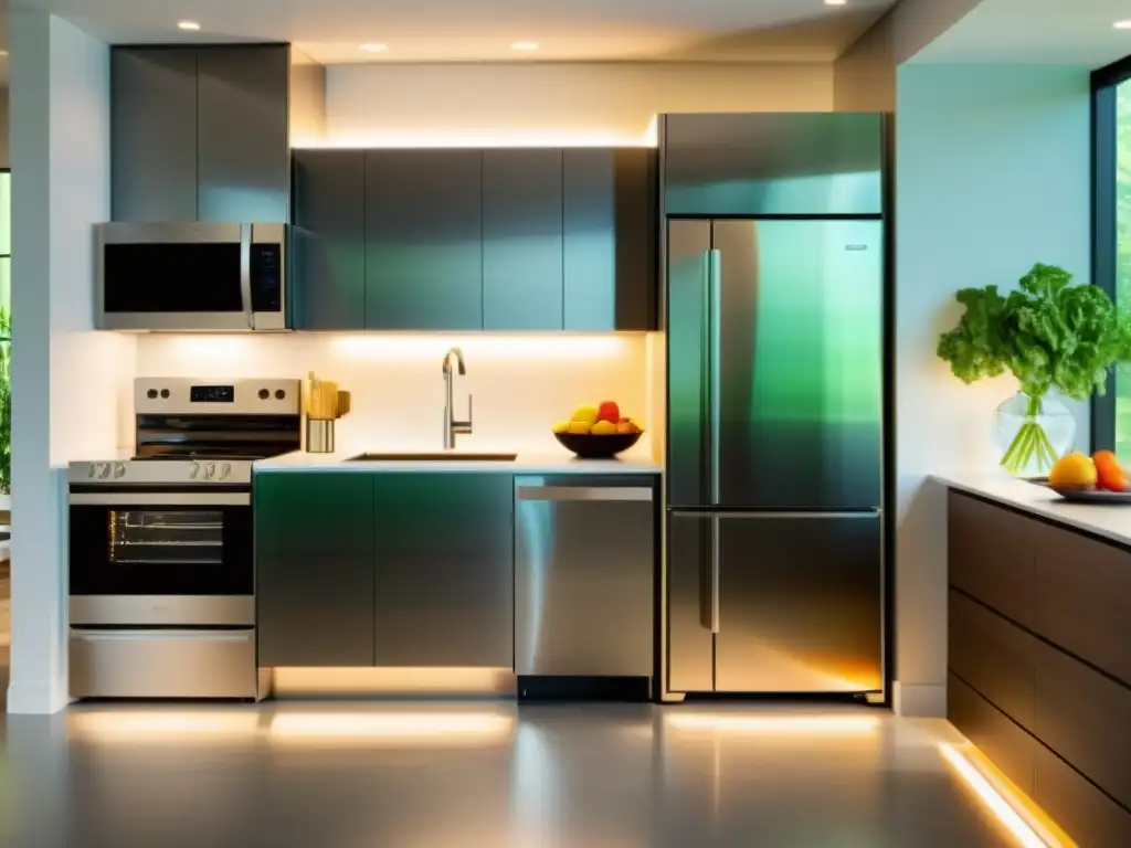 Una cocina moderna con electrodomésticos de bajo consumo energético, iluminados con luz ambiental suave y diseño minimalista