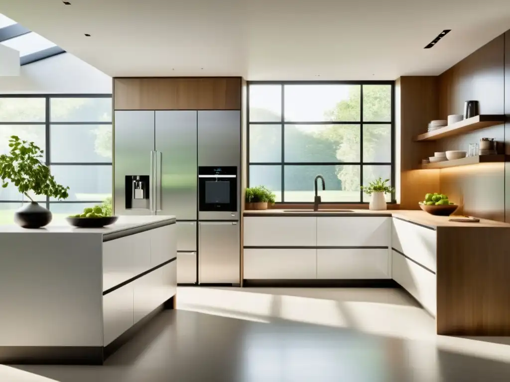 Una cocina moderna con electrodomésticos bajo consumo energético, diseño contemporáneo y mucha luz natural