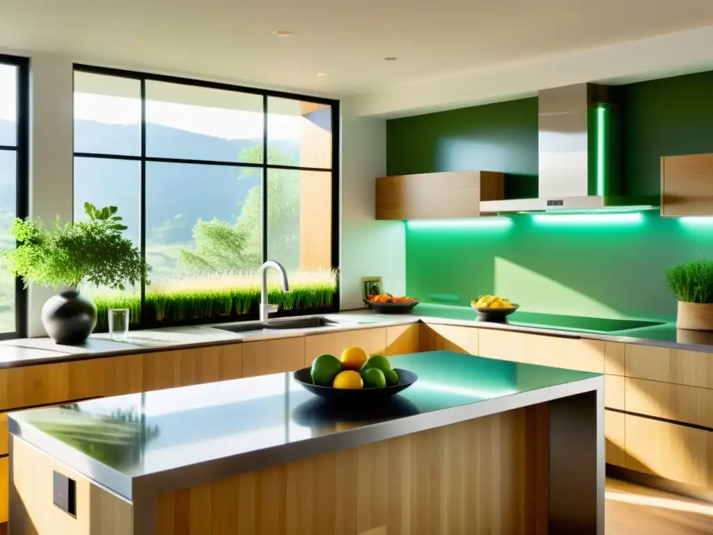 Una cocina moderna con electrodomésticos ecológicos para el hogar, luz natural y detalles sostenibles