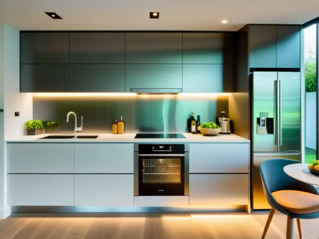 Una cocina moderna con electrodomésticos eficiencia energética A+++ en acero inoxidable, iluminación suave y diseño minimalista elegante