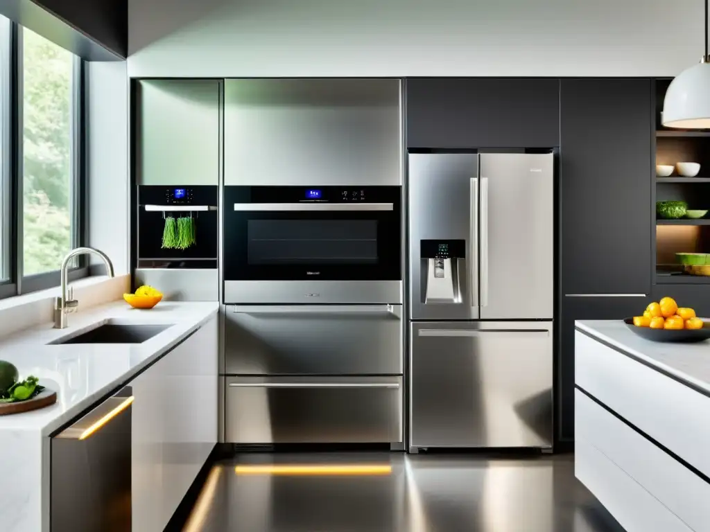 Una cocina moderna con electrodomésticos eficientes, como refrigerador inteligente, cocina de inducción y horno de convección