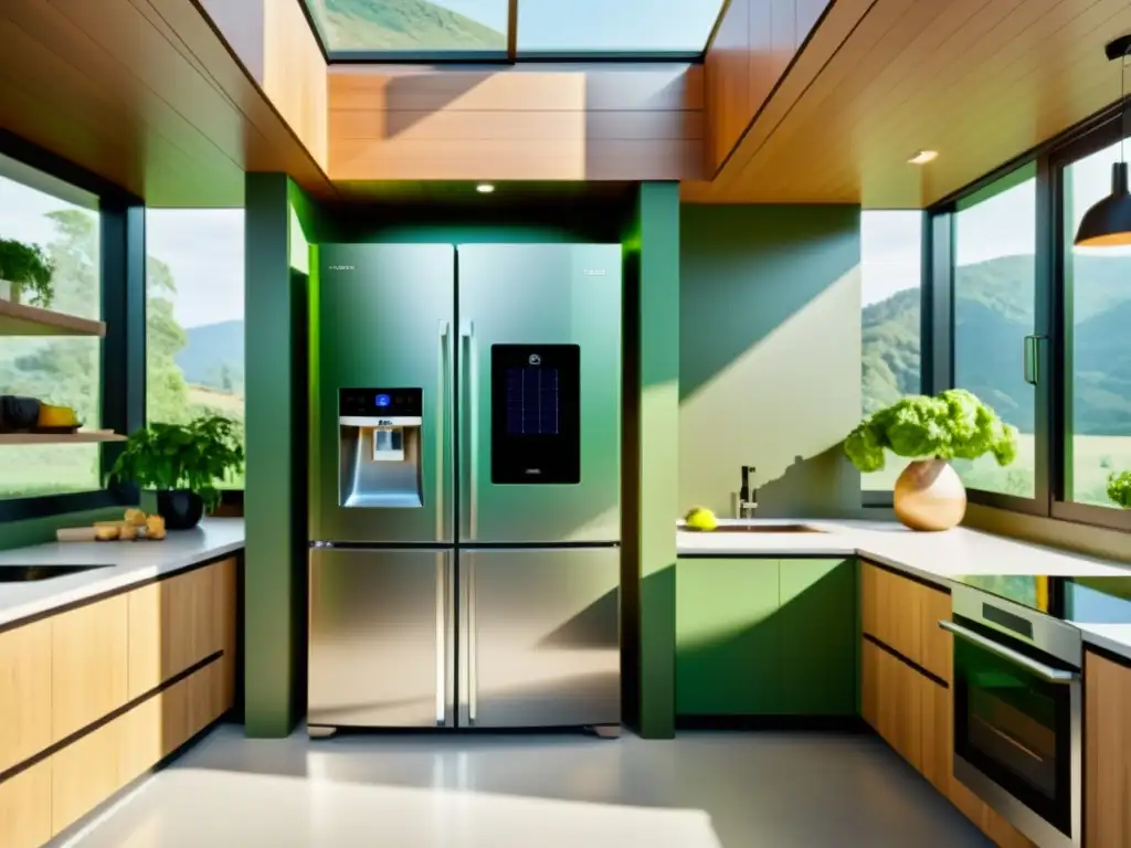 Cocina moderna con electrodomésticos energéticamente eficientes y paneles solares en el techo