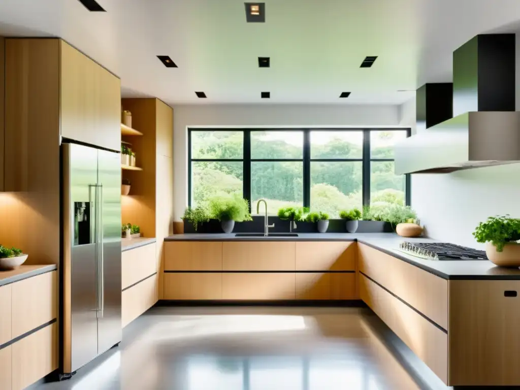 Una cocina moderna con electrodomésticos energéticamente eficientes, iluminada por luz natural a través de grandes ventanas