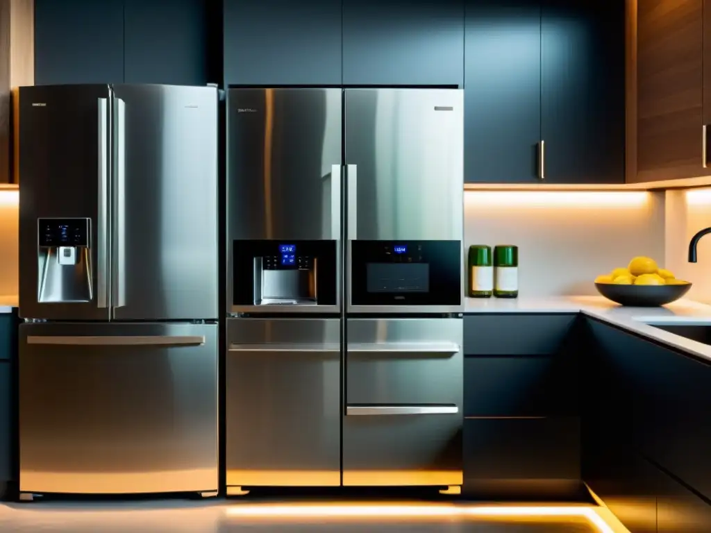 Una cocina moderna con electrodomésticos eficientes energéticamente, bañada en suave luz ambiental