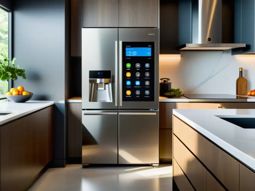 Una cocina moderna con electrodomésticos smart para hogar inteligente integrados en un diseño futurista y minimalista