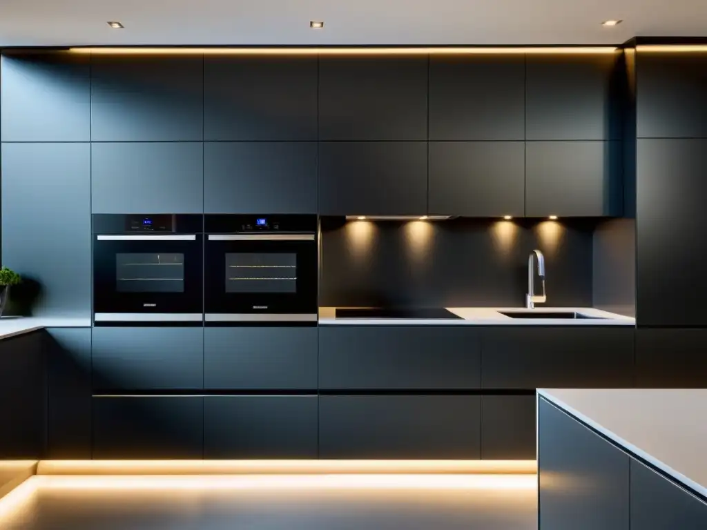 Una cocina moderna con electrodomésticos integrados para hogar moderno, diseño contemporáneo y acabado en acero inoxidable, iluminación suave que realza la elegancia