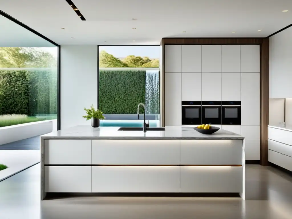 Cocina moderna con electrodomésticos integrados y diseño minimalista Cocina moderna con electrodomésticos integrados de acero inoxidable, encimera de mármol y diseño minimalista
