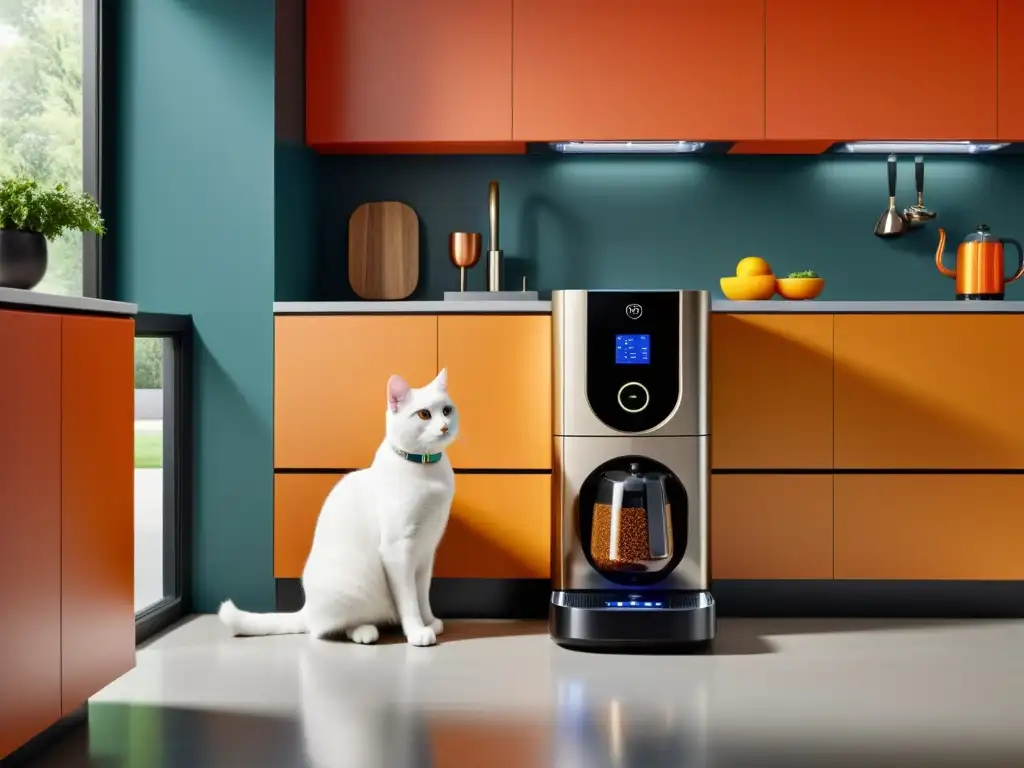 Una cocina moderna con electrodomésticos inteligentes para mascotas, integrados en un espacio armonioso y elegante