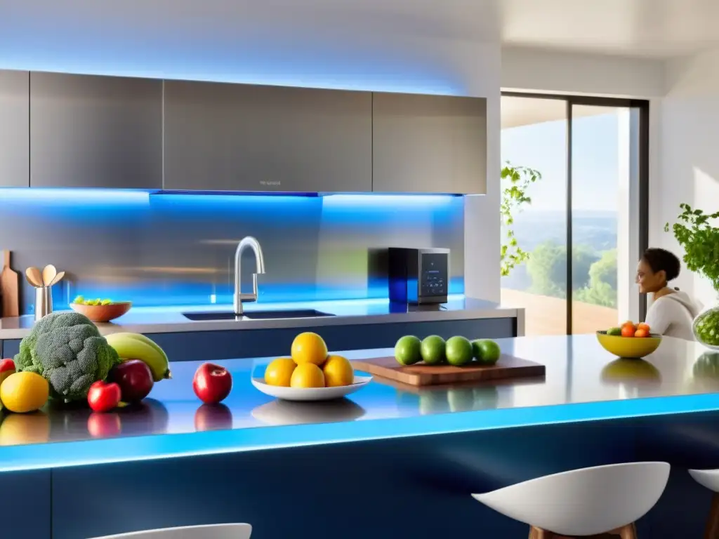 Una cocina moderna con electrodomésticos inteligentes de acero inoxidable, frutas y verduras frescas