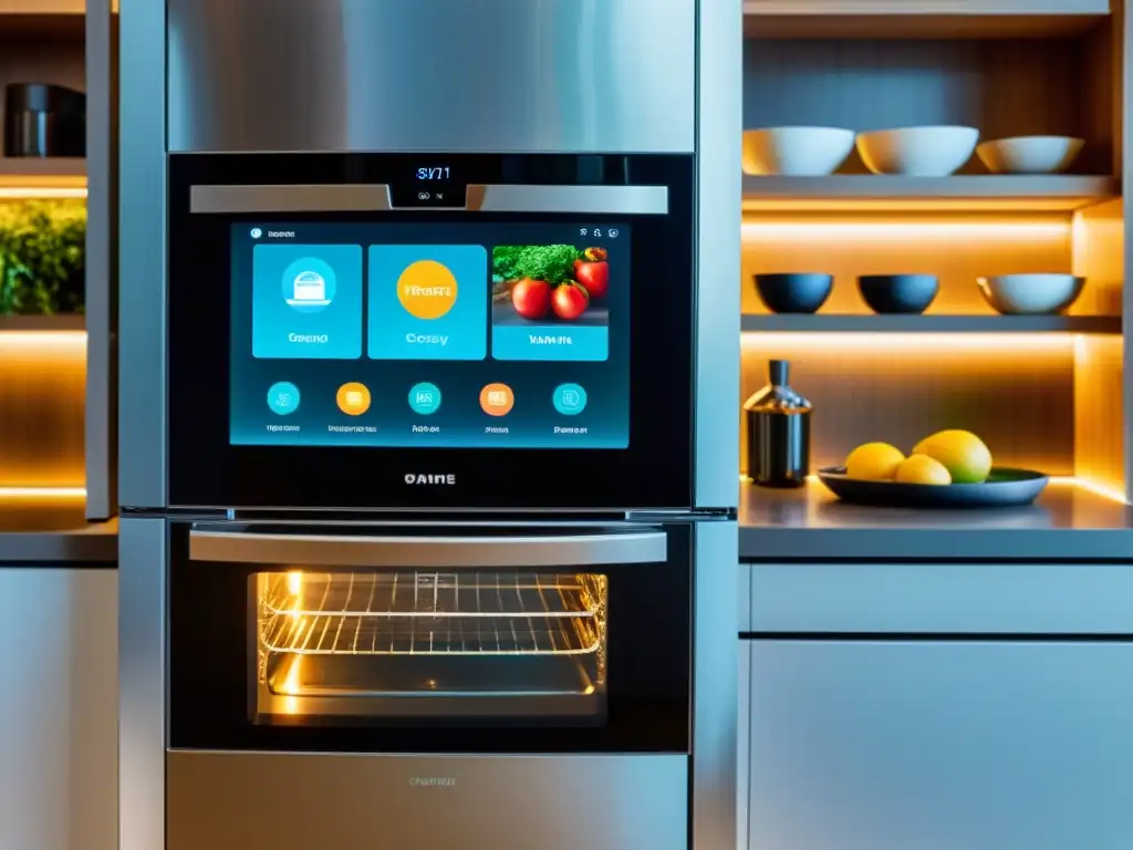 Una cocina moderna con electrodomésticos inteligentes y actualizaciones de software integradas, creando un ambiente minimalista y hightech