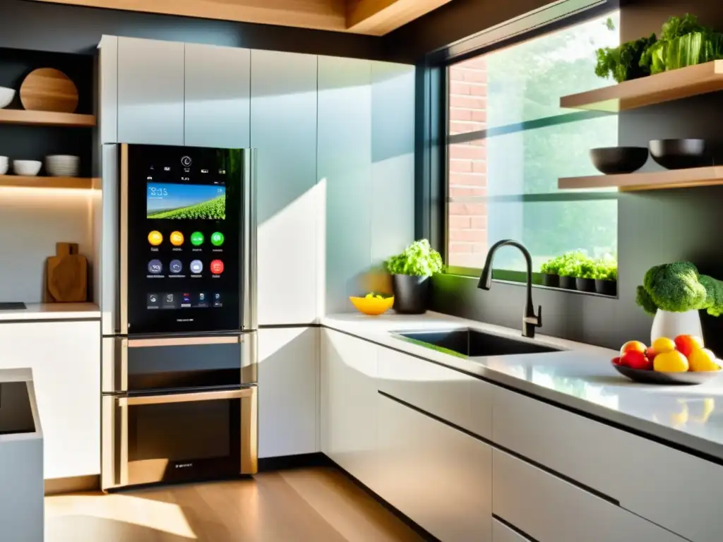 Una cocina moderna con electrodomésticos inteligentes, ambiente elegante y tecnológico con luz natural