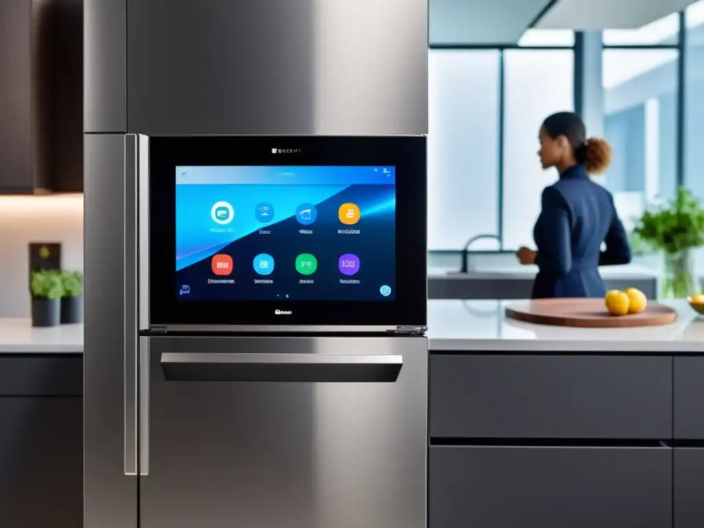 Una cocina moderna con electrodomésticos inteligentes iluminados y una interfaz futurista en la pantalla del refrigerador