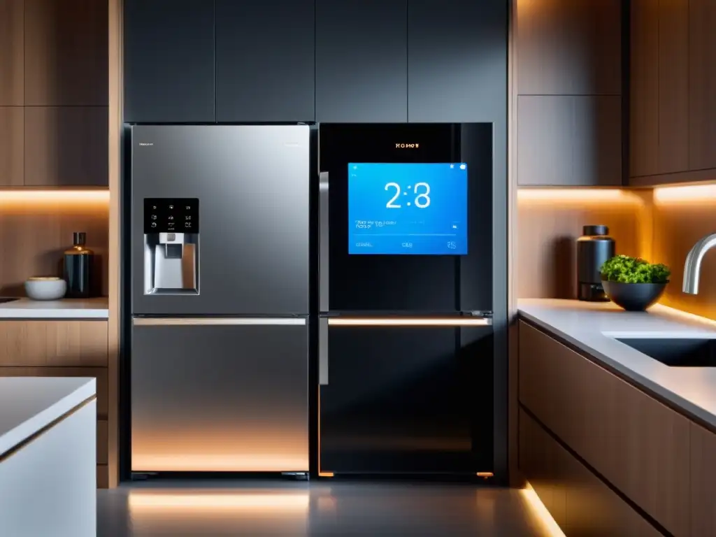 Una cocina moderna con electrodomésticos inteligentes futuristas integrados en un diseño minimalista, protección datos electrodomésticos inteligentes