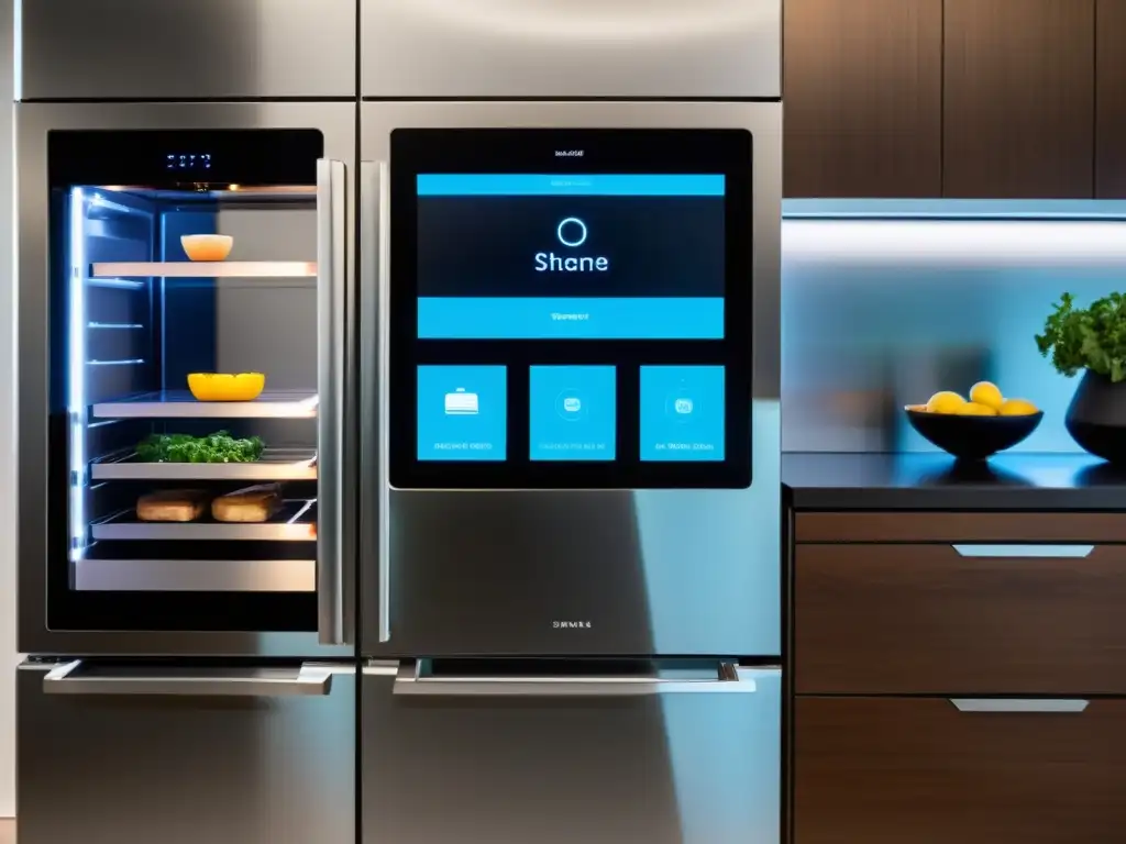 Una cocina moderna con electrodomésticos inteligentes para entretenimiento en casa, integrados en un diseño hightech y acogedor