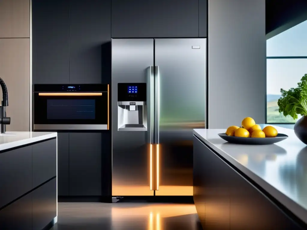 Una cocina moderna con electrodomésticos inteligentes para el hogar integrados en un diseño minimalista de alta tecnología