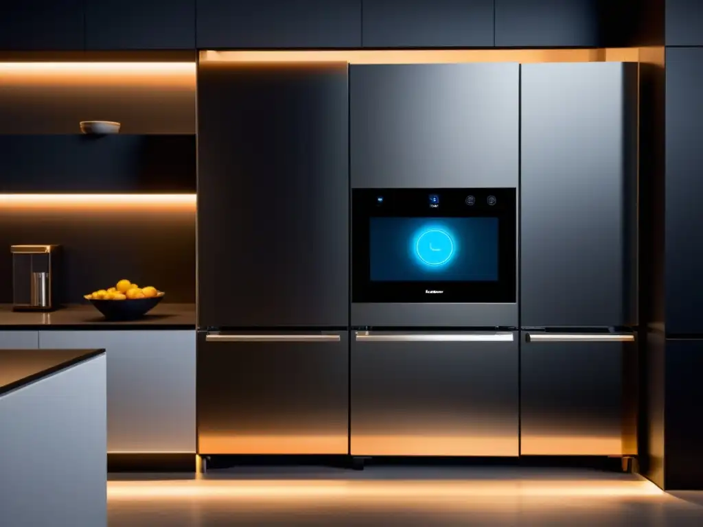 Una cocina moderna con electrodomésticos inteligentes integrados, ambiente futurista y acogedor