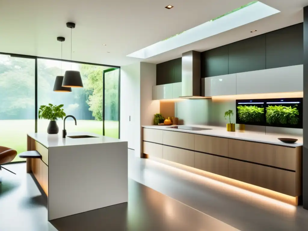 Cocina moderna con electrodomésticos inteligentes y software gestión energética, estética minimalista y vista a un jardín sostenible