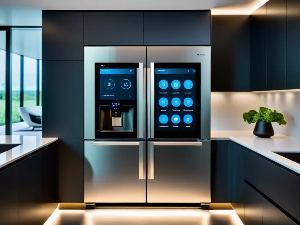 Una cocina moderna con electrodomésticos inteligentes integrados, creando un ambiente minimalista y hightech en el hogar