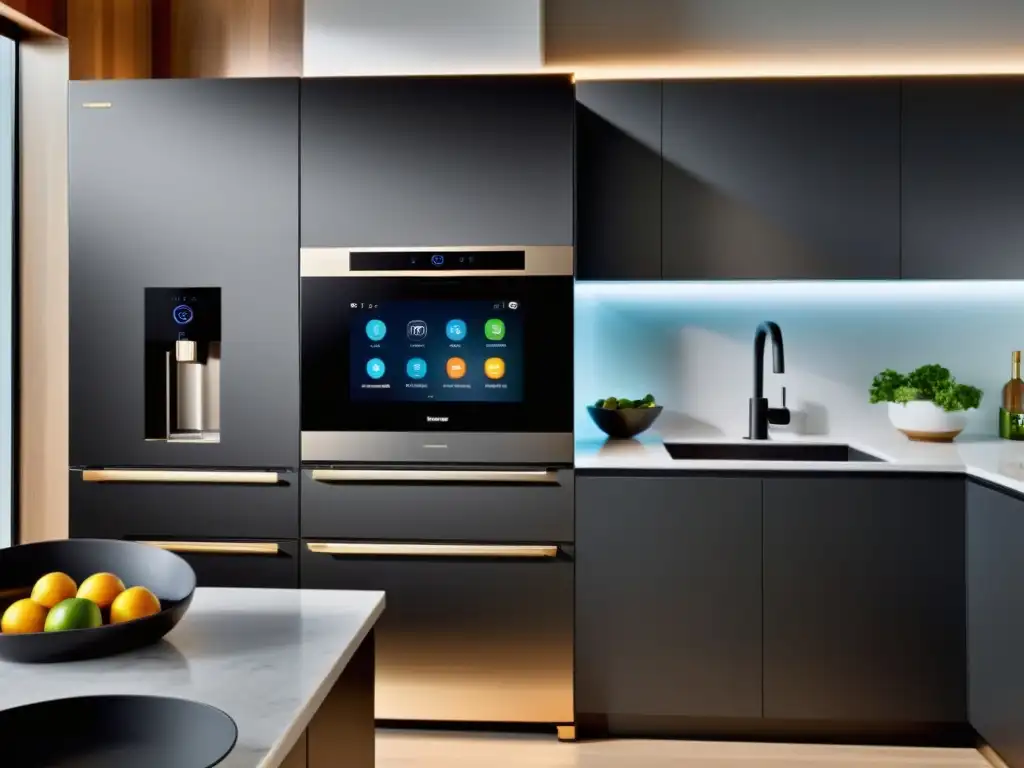 Una cocina moderna con electrodomésticos inteligentes 5G integrados, exudando eficiencia e innovación en un ambiente acogedor y cálido