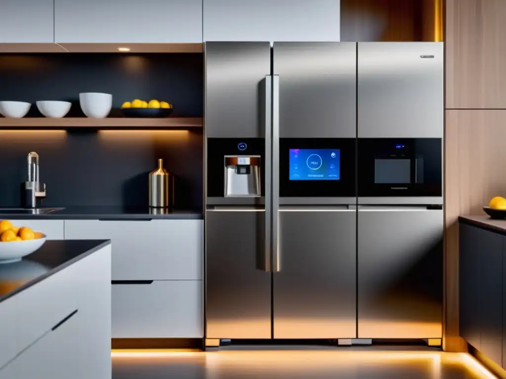 Cocina inteligente: Conectividad y diseño de vanguardia Una cocina moderna con electrodomésticos inteligentes conectados, iluminación cálida y ambiente futurista