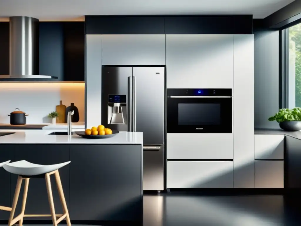 Una cocina moderna con electrodomésticos inteligentes para cocinas del futuro, bañada en luz natural y diseño minimalista