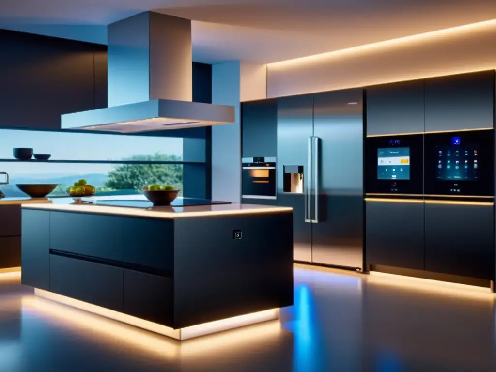 Una cocina moderna con electrodomésticos inteligentes seguros y ciberseguridad, diseño futurista y tecnología integrada