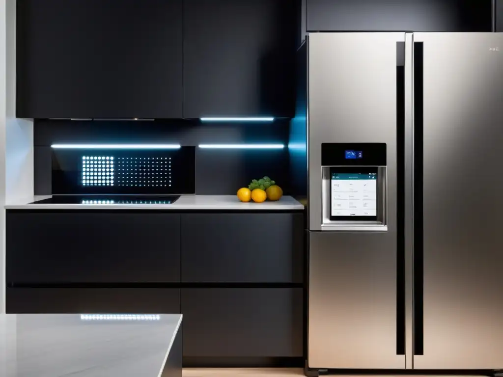 Una cocina moderna con electrodomésticos panelables personalizables y tecnología para el hogar, creando un espacio futurista y adaptable