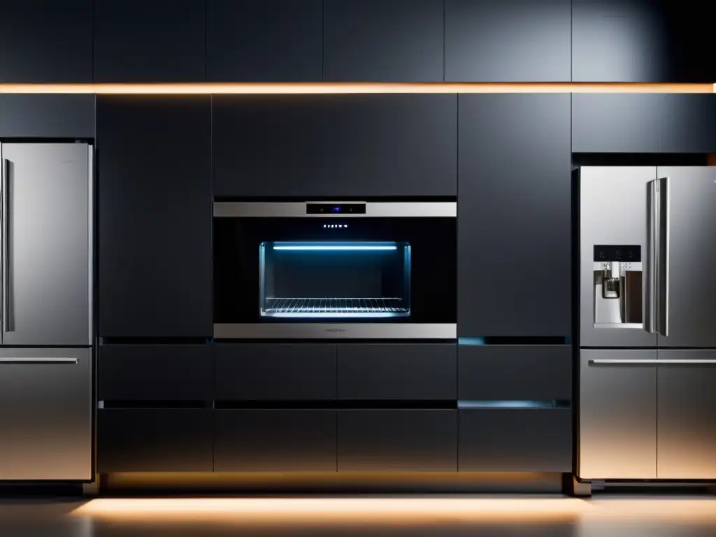 Una cocina moderna con electrodomésticos personalizados para hogar integrados en los gabinetes, iluminados con LED ambiental