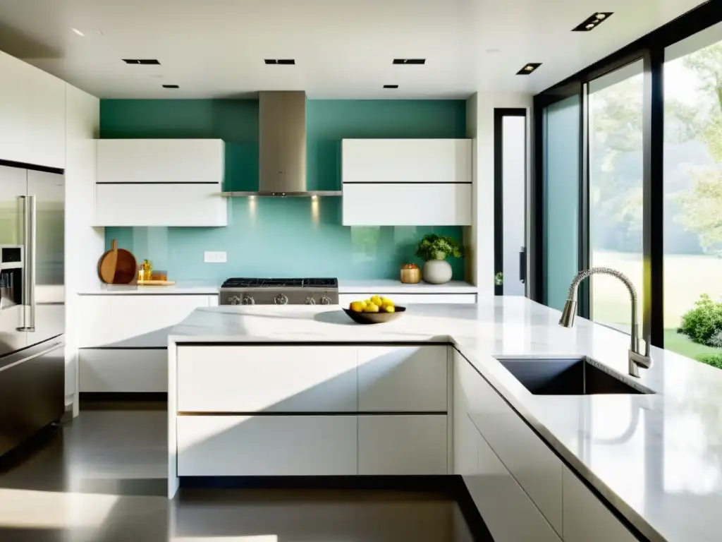 Una cocina moderna con electrodomésticos prácticos con estilo, luz natural y toque de color con limones frescos