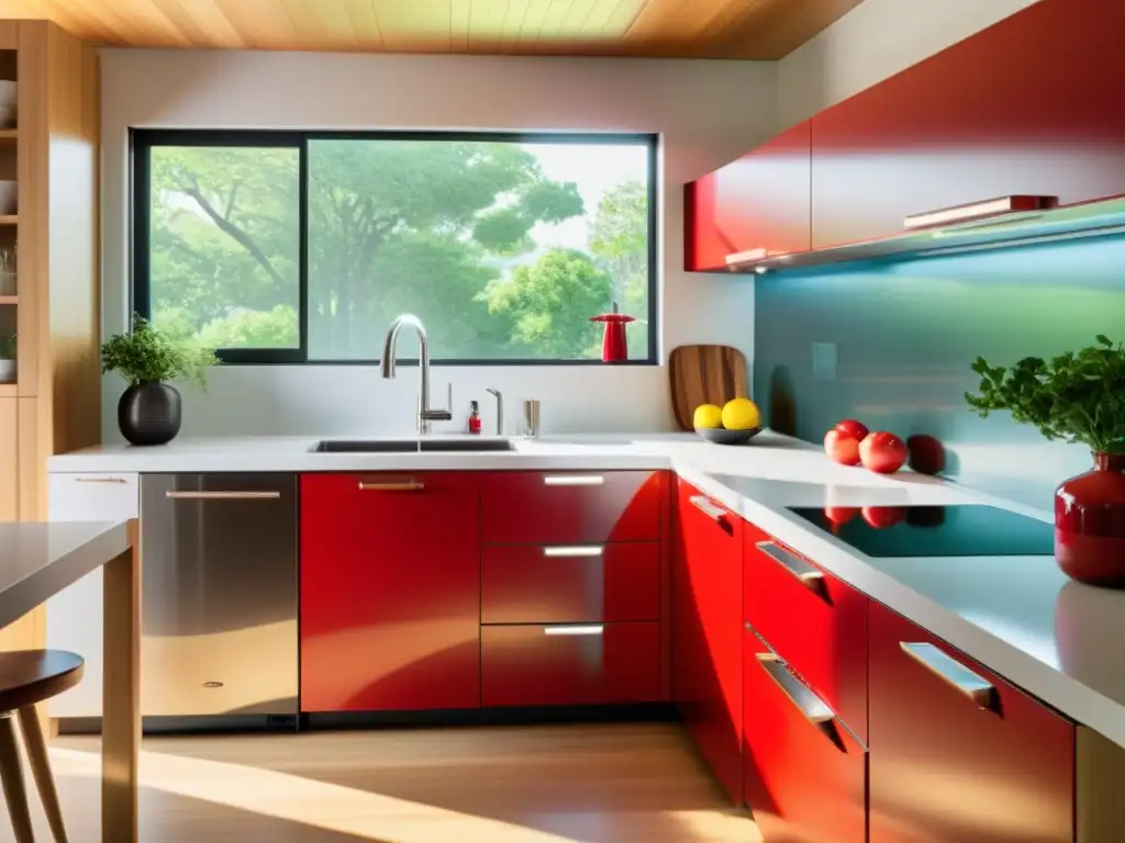 Una cocina moderna con electrodomésticos retro para el hogar: nevera roja vibrante como punto focal, luz matutina iluminando la escena