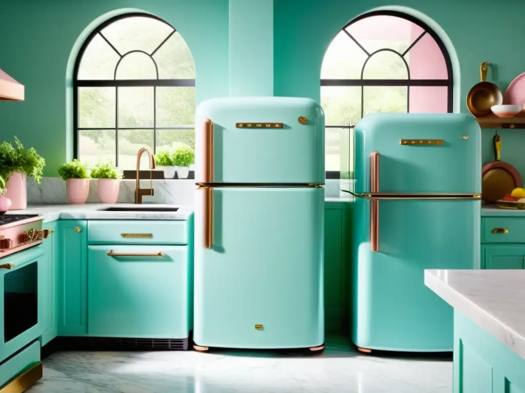 Una cocina moderna con electrodomésticos retro en tonos pastel, bañada por la luz del sol, fusionando lo clásico y lo contemporáneo