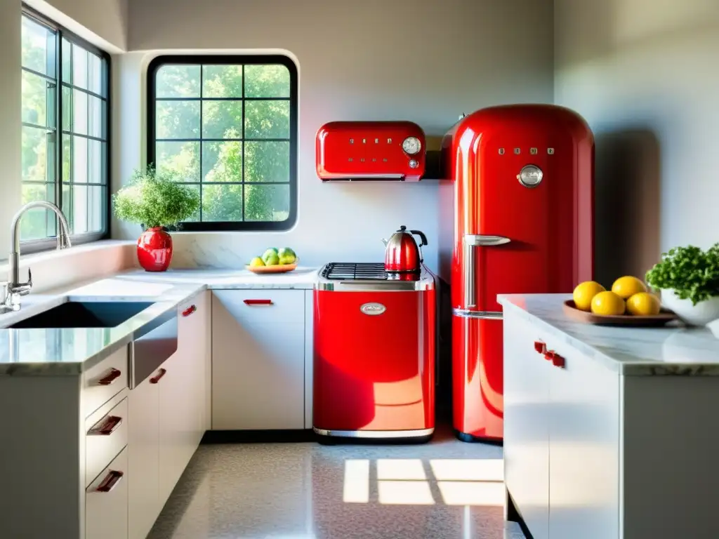 Una cocina moderna con electrodomésticos retro en rojo vibrante