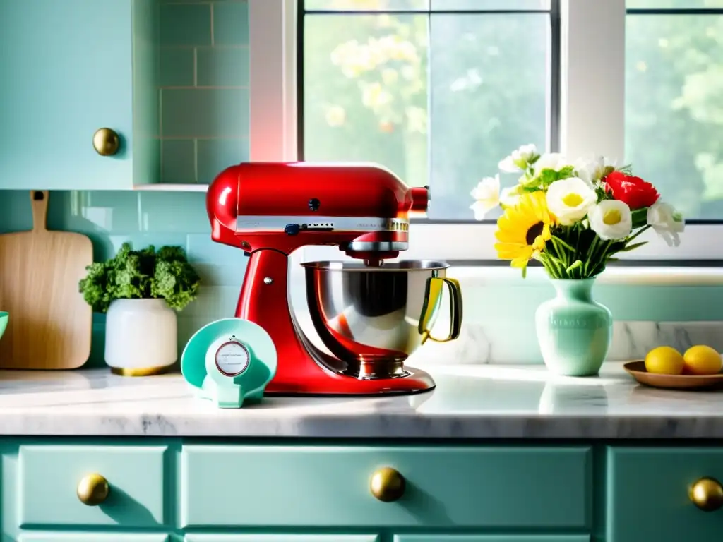 Una cocina moderna con electrodomésticos retro modernos para hogar en colores vibrantes, encimera de mármol blanco y luz cálida