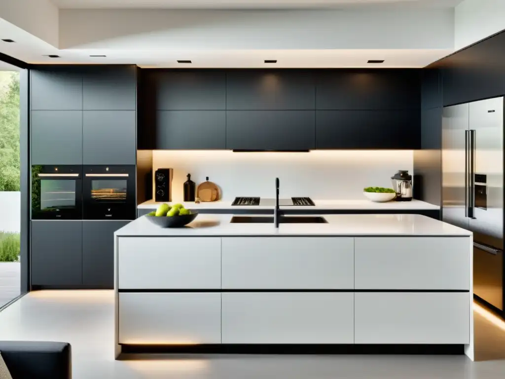 Una cocina moderna con electrodomésticos silenciosos para hogar, elegante y minimalista con acabado mate negro y una iluminación ambiental suave