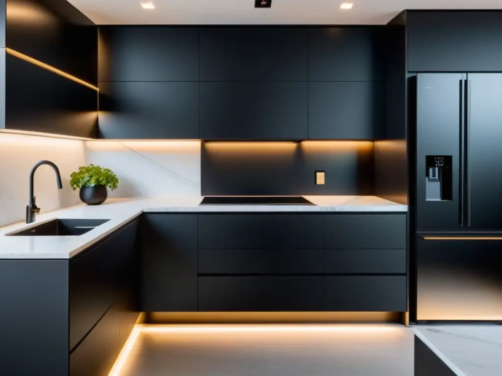 Cocina moderna con electrodomésticos silenciosos para hogar, diseño minimalista y acabados de lujo en negro mate y mármol blanco