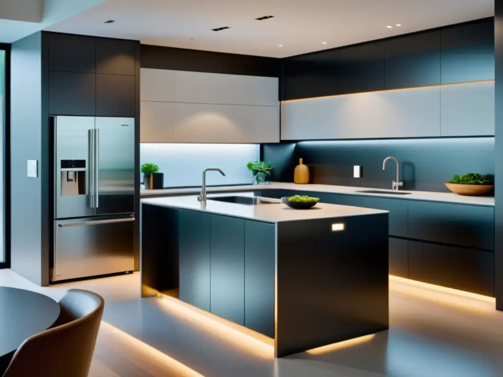 Una cocina moderna con electrodomésticos silenciosos para hogar en acero inoxidable, iluminada con LED suave y decoración minimalista