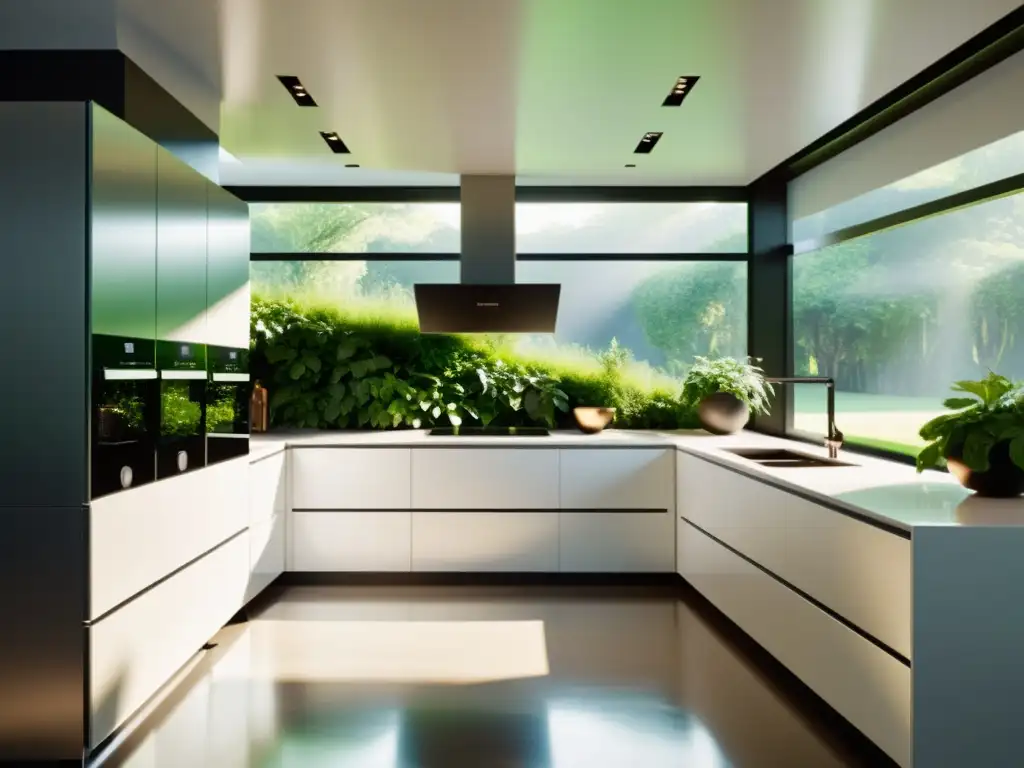 Una cocina moderna con electrodomésticos solares para el hogar, iluminada por luz natural y rodeada de plantas verdes exuberantes