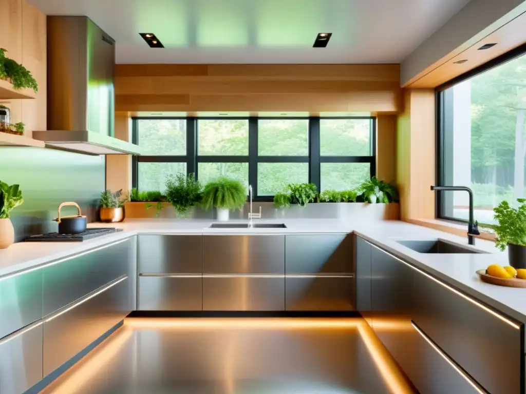 Una cocina moderna con electrodomésticos sostenibles de acero inoxidable y luz LED de ahorro energético, rodeada de plantas y materiales reciclados