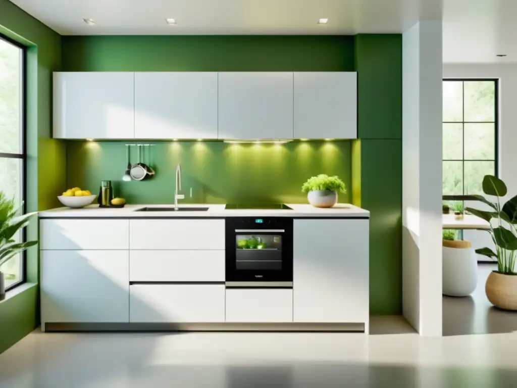 Una cocina moderna con electrodomésticos verdes de diseño minimalista y energéticamente eficientes, iluminada por luz natural