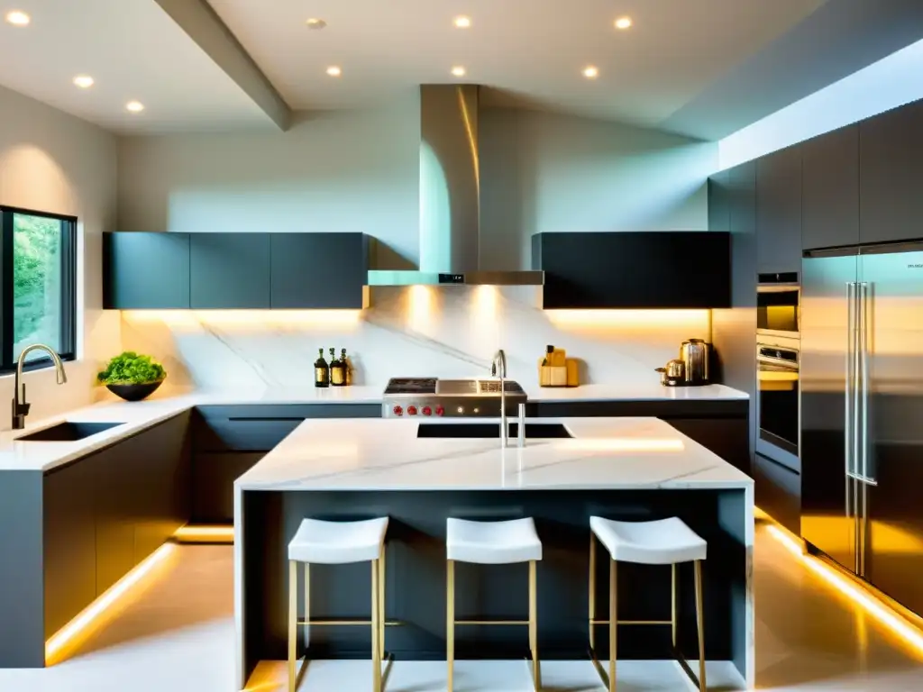 Una cocina moderna y elegante con una campana de acero inoxidable como punto focal, iluminada con luces LED suaves