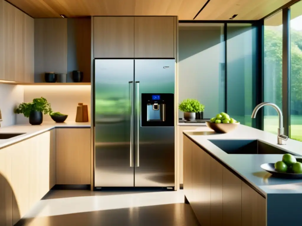 Una cocina moderna y elegante con electrodomésticos de eficiencia energética y etiquetas ecológicas, iluminada por luz natural