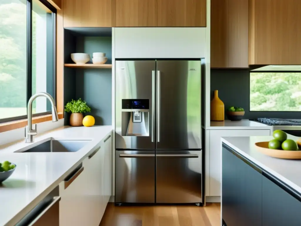 Una cocina moderna y elegante con electrodomésticos energéticamente eficientes, como refrigerador, lavavajillas y estufa