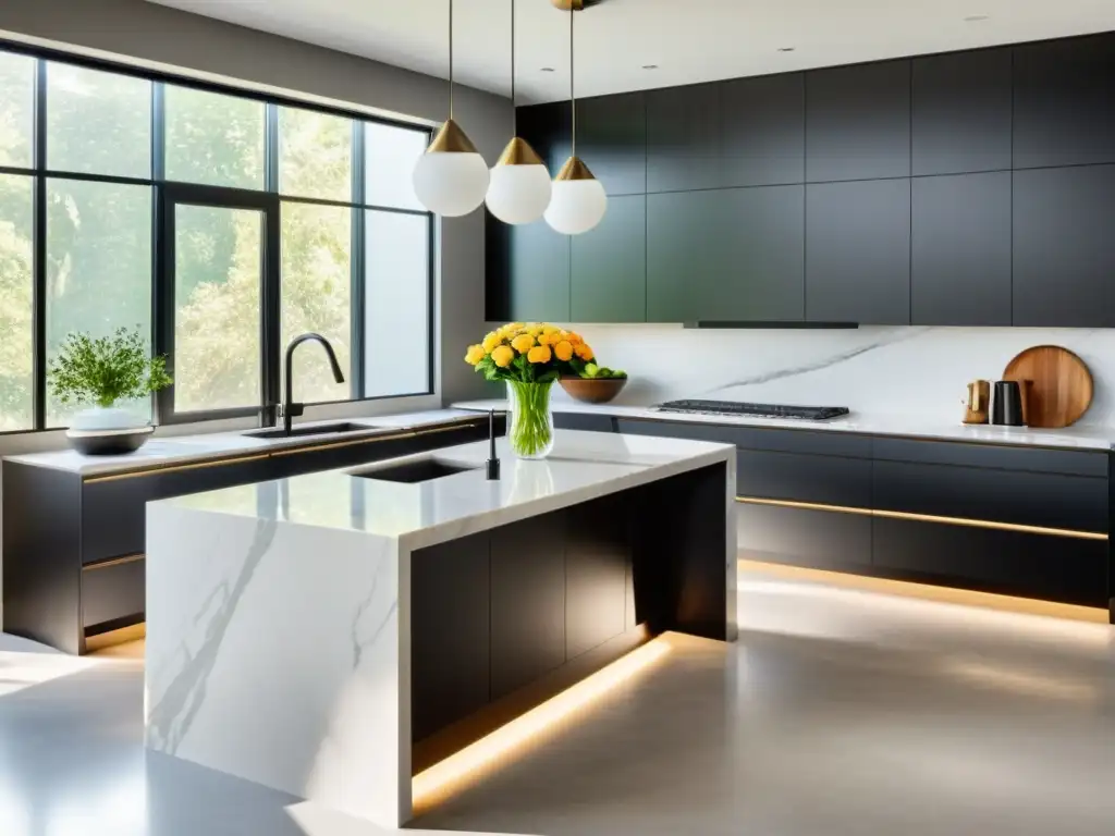 Una cocina moderna y elegante con electrodomésticos de acero inoxidable y acentos mate en negro