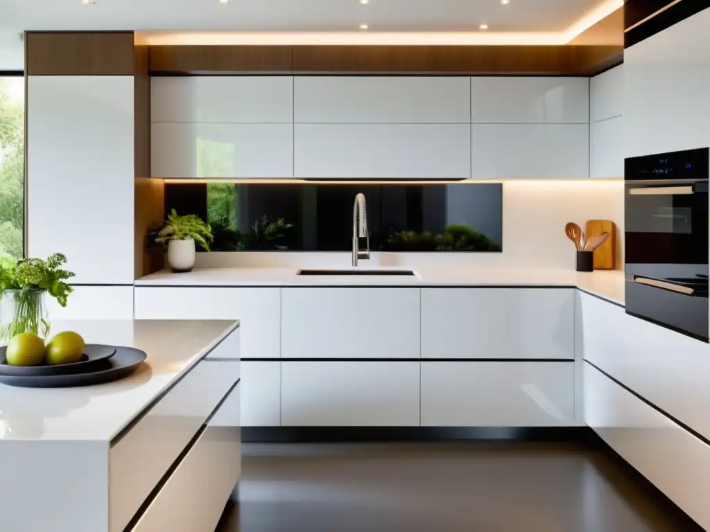 Una cocina moderna y elegante con electrodomésticos integrados en el mobiliario, creando un ambiente sofisticado