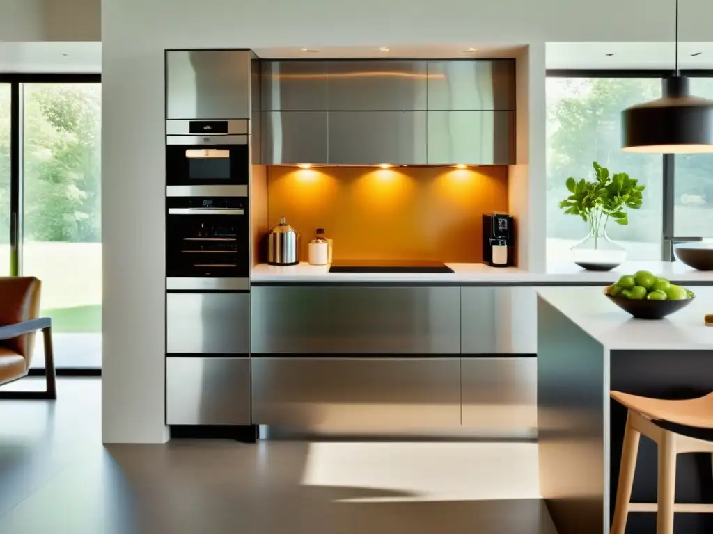 Una cocina moderna y elegante con electrodomésticos de alto rendimiento energético comparativa, iluminada por luz natural