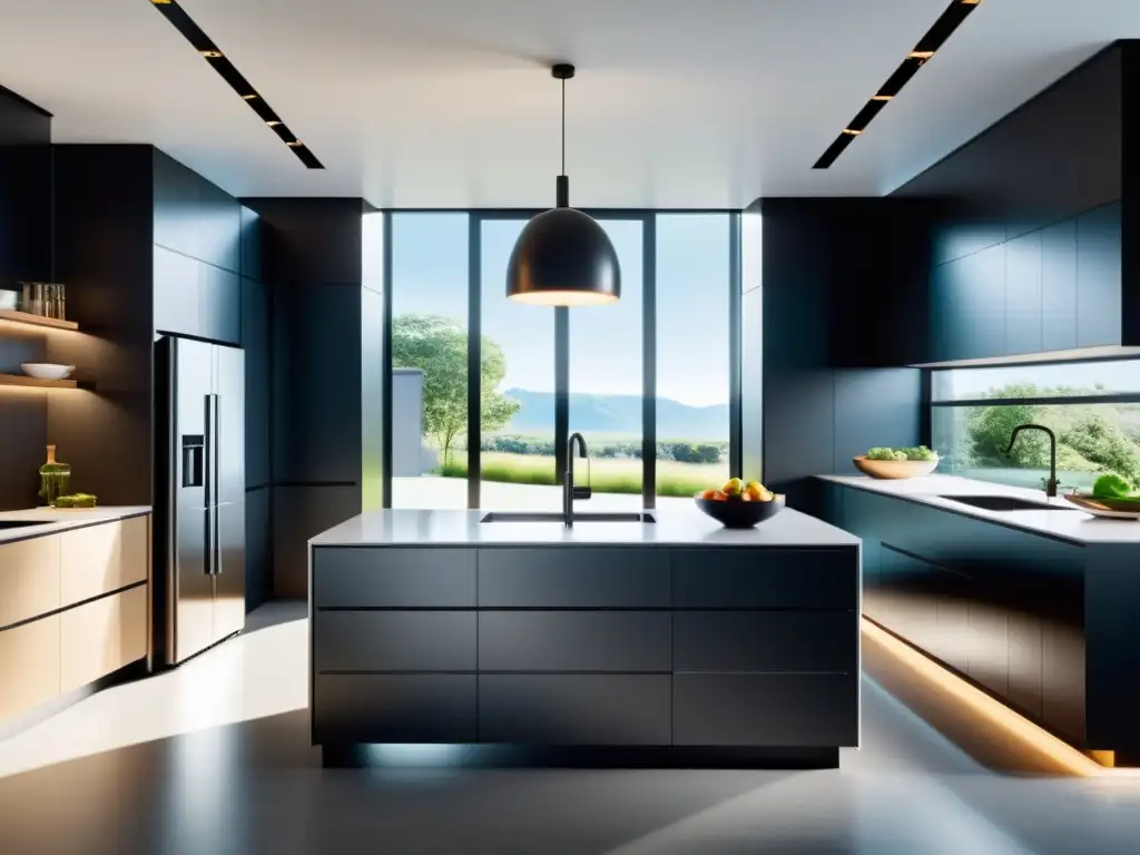 Una cocina moderna y elegante con electrodomésticos de eficiencia energética autónomos, iluminada por luz natural a través de grandes ventanas