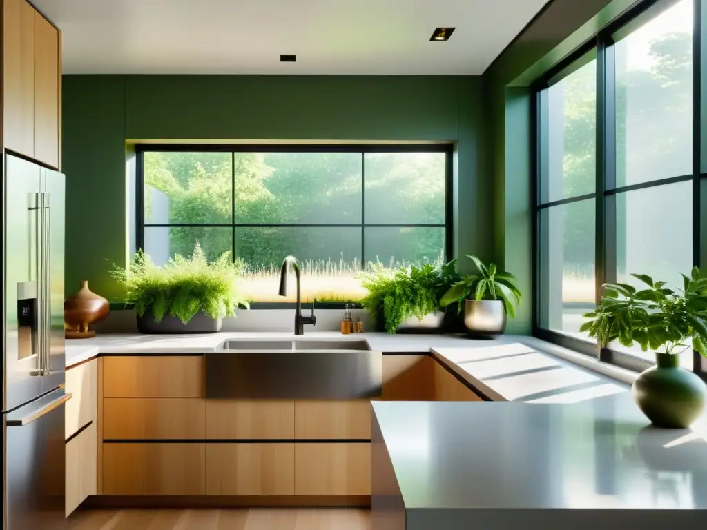 Una cocina moderna y elegante con electrodomésticos ecoamigables en acero inoxidable, bañada en luz natural y decorada con plantas verdes exuberantes