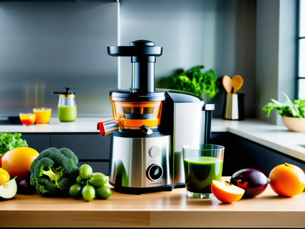 Una cocina moderna con una elegante licuadora de prensado en frío rodeada de frutas y verduras vibrantes