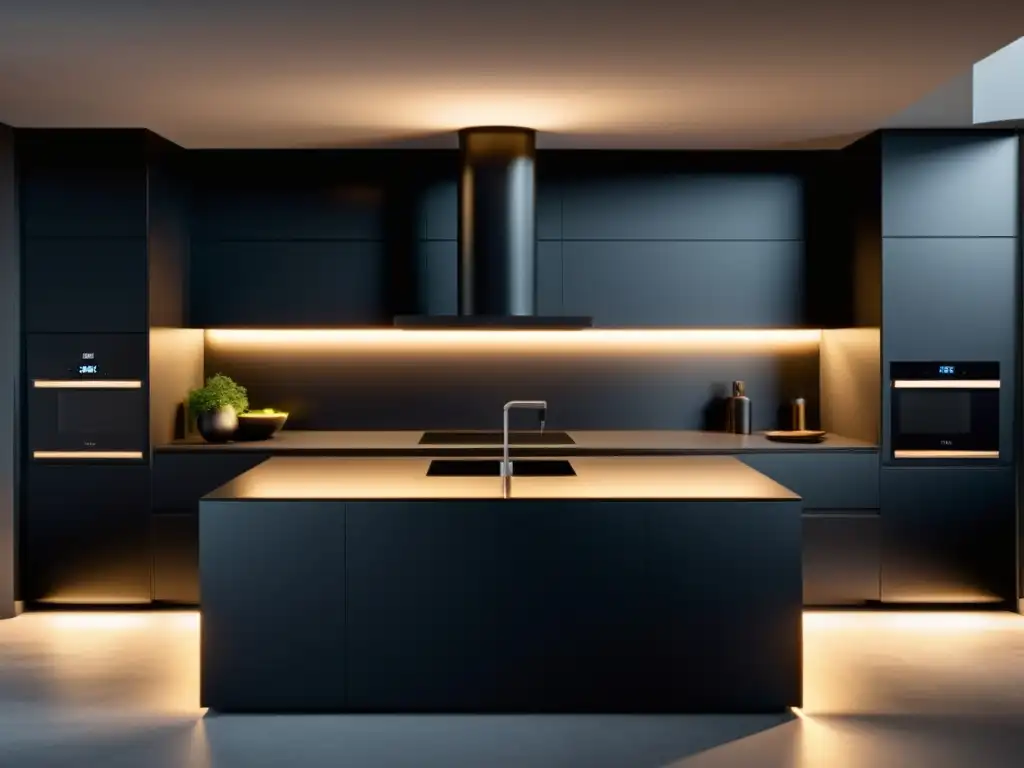 Una cocina moderna y elegante en negro con electrodomésticos silenciosos para hogar, creando un ambiente tranquilo y acogedor